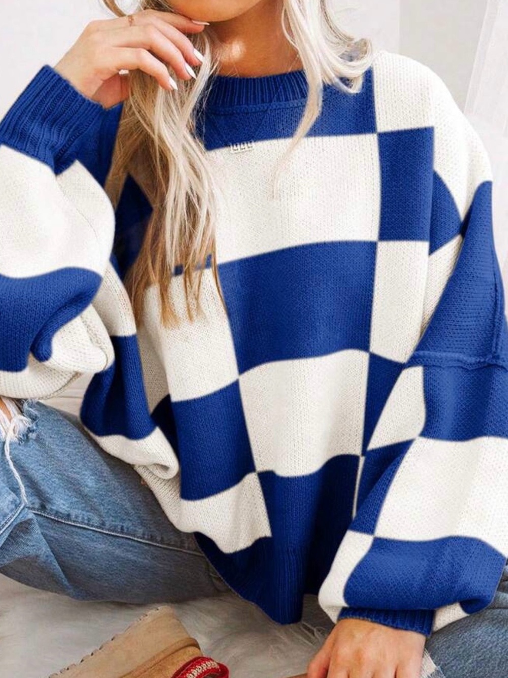 SHEIN Blue & White Checkerboard Crewneck Sweater